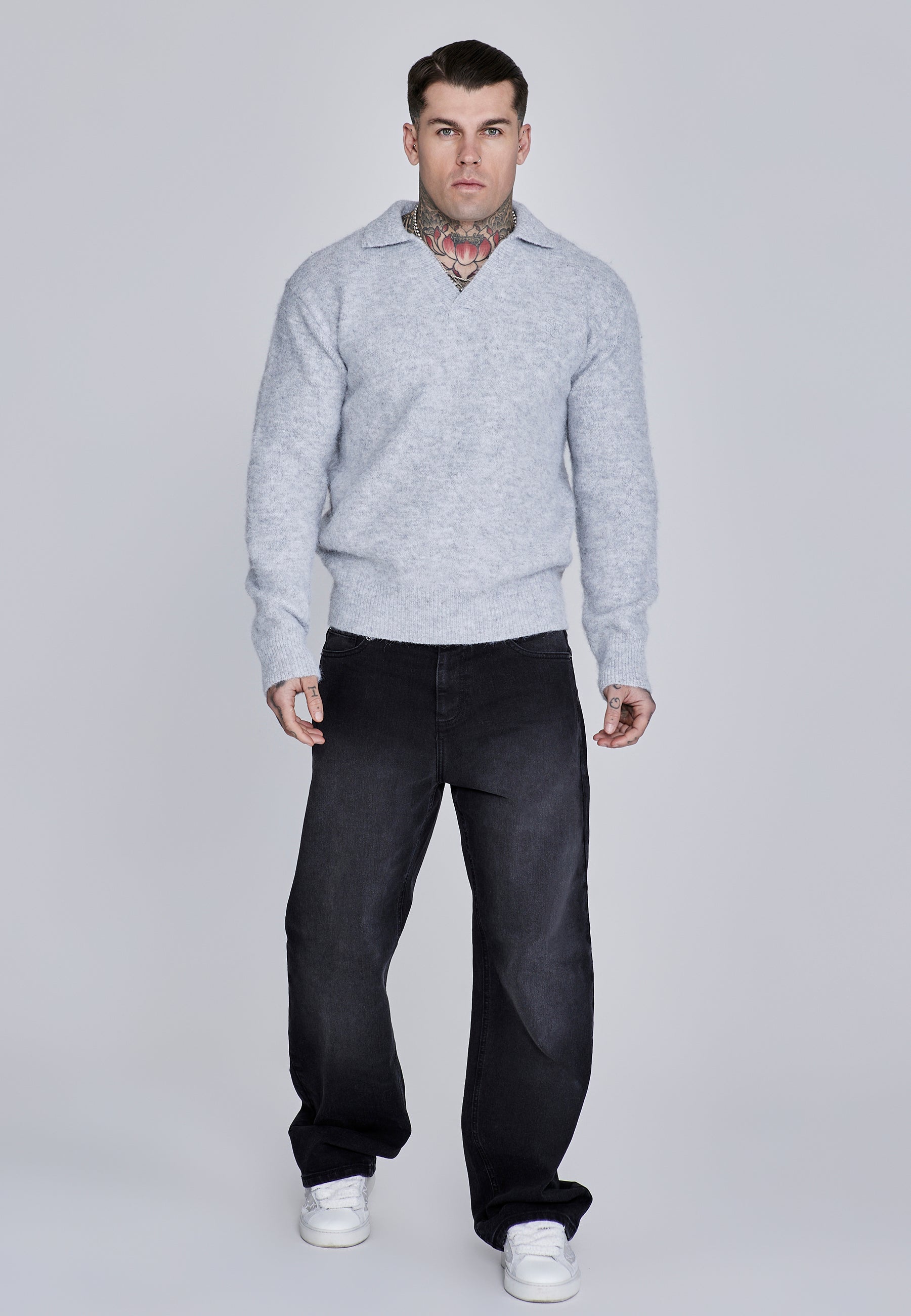 Knitted Polo Sweater in Grey Pullover SikSilk