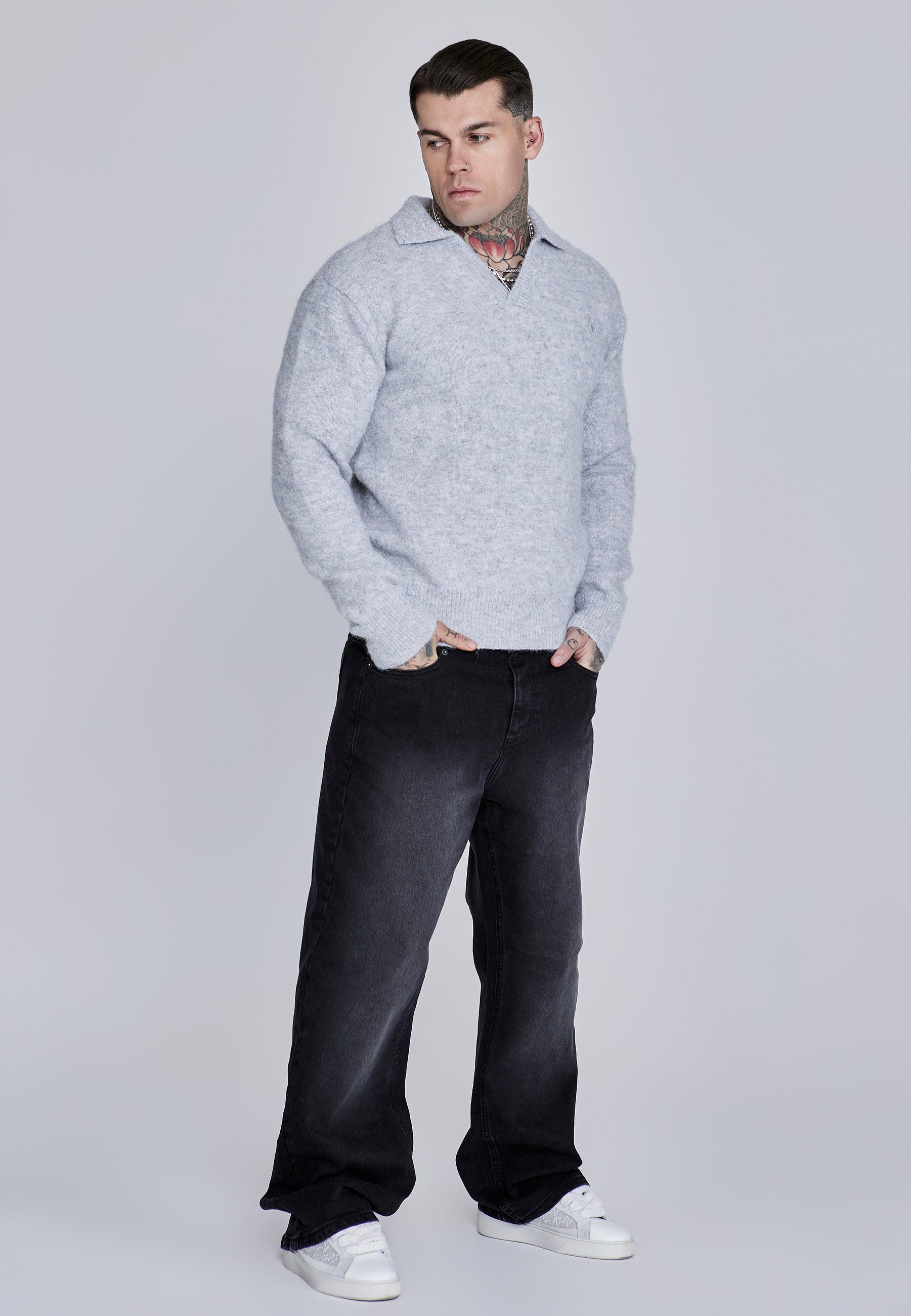 Knitted Polo Sweater in Grey Pullover SikSilk
