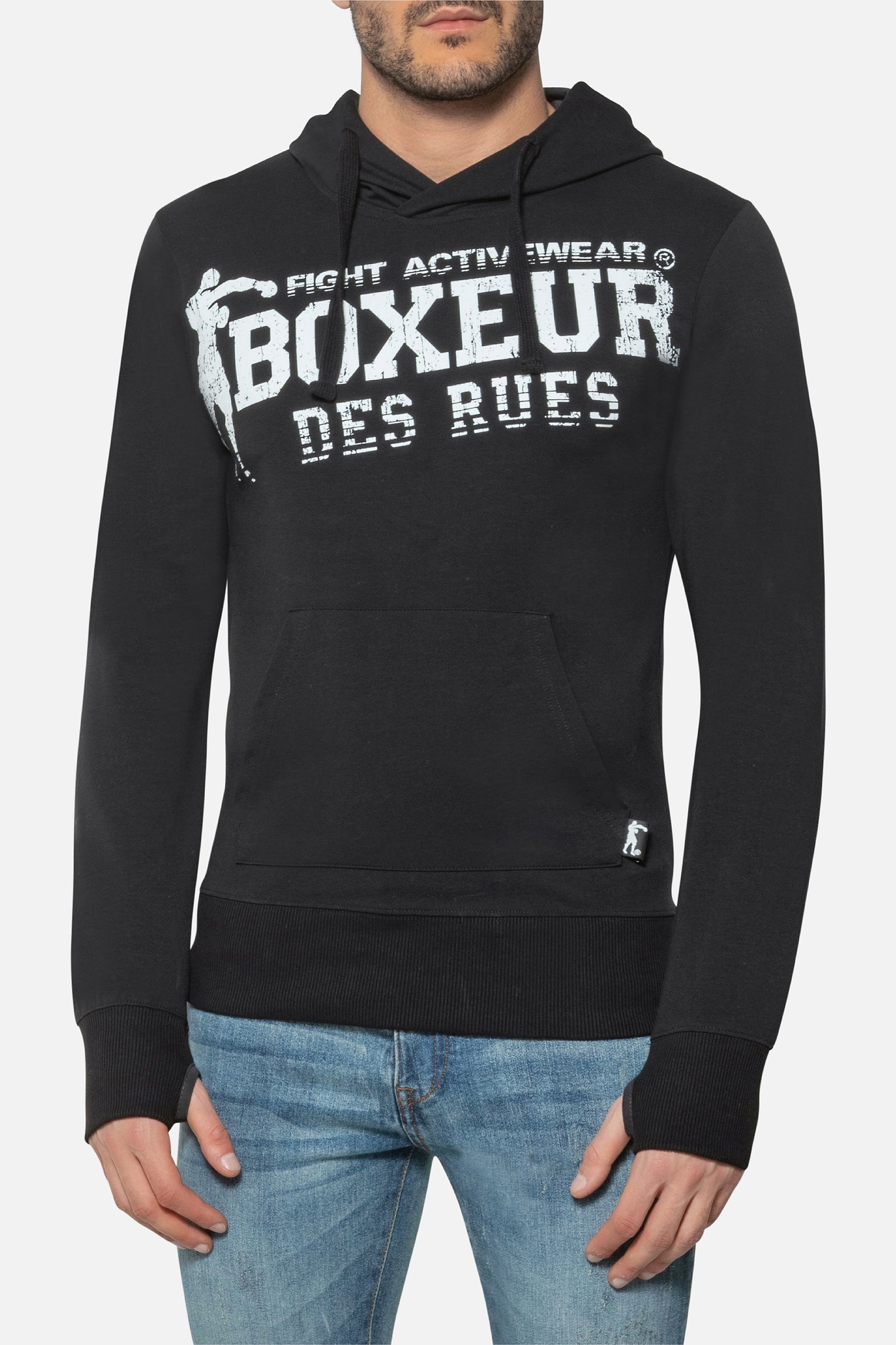 Hooded Sweatshirt with Thumb Openings in Black Kapuzenpullover Boxeur des Rues   